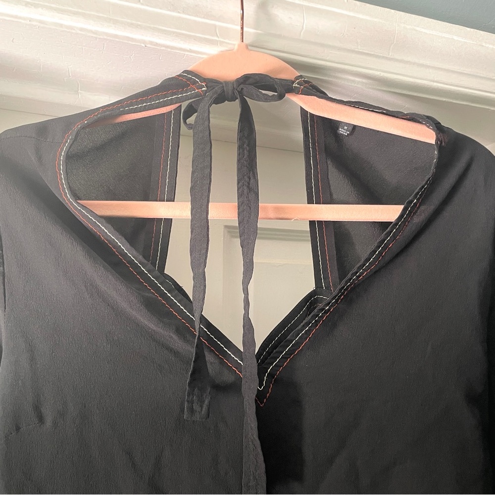 Madewell Black Silk Stitched V-Neck Tie Open Back Long Bell Sleeve Top Size M - Picture 10 of 14
